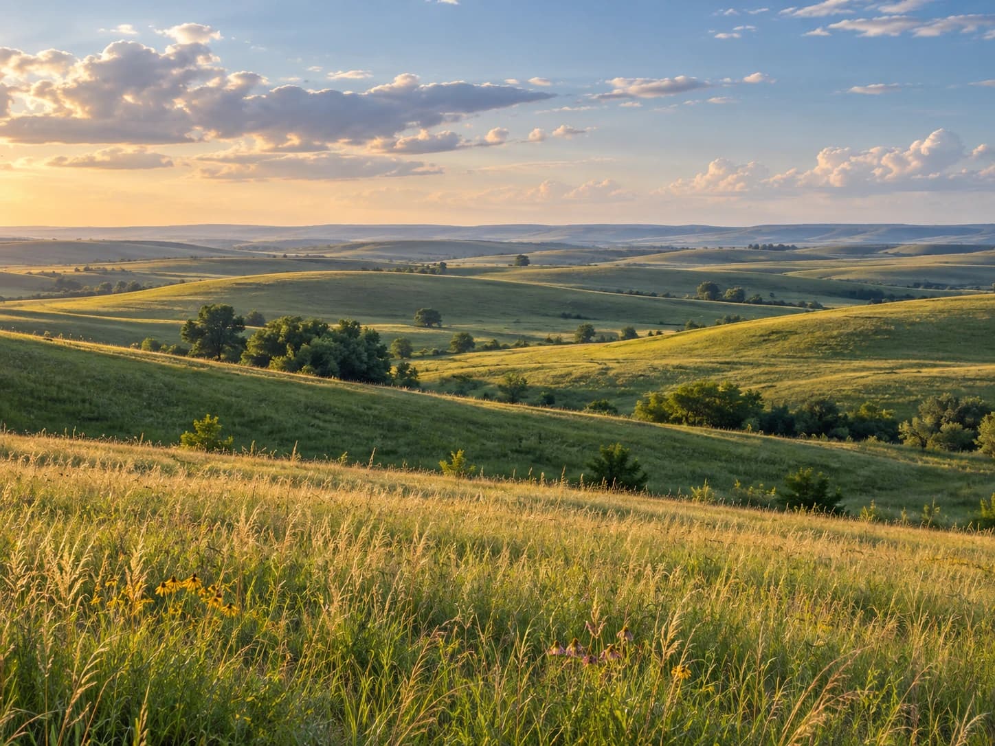 Golden evening light over rolling prairie hills and wildflowers